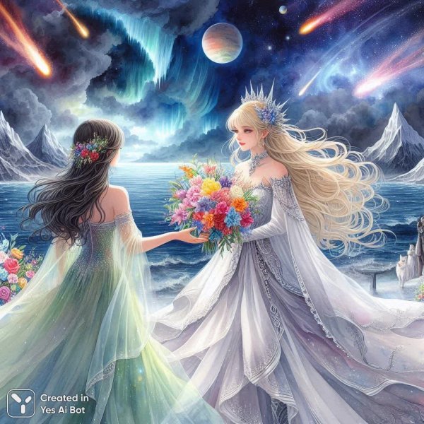 Галактическая принцесса и букет цветов в волшебной грозе над морем и планетами. Нейросеть Далли 3