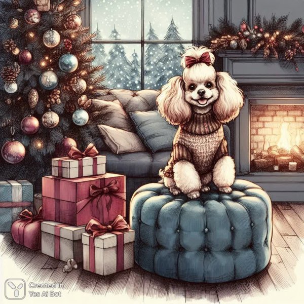 Ёлка, собака и праздничное настроение: уютная зимняя иллюстрация для дома. Изображение из нейросети Dalle 3