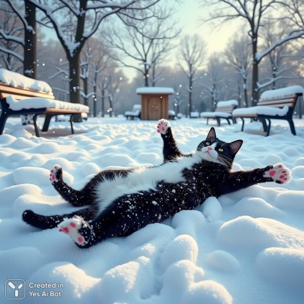 Чёрный кот и зимняя сказка: ангел из снега в рассветном парке. Изображение из нейросети Flux.1