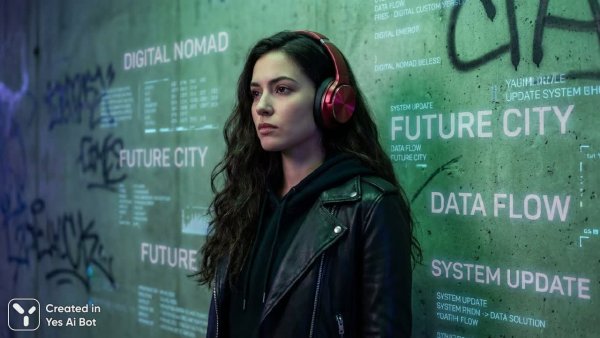 Девушка в красных наушниках и кожаной куртке на фоне футуристичной стены с надписями. Нейронная сеть Nano Banana