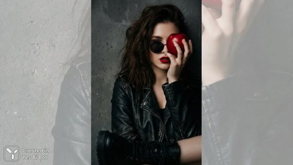 Яркий образ: девушка с яблоком и дерзким взглядом в темном стиле. Картинка из нейронной сети Nano Banana