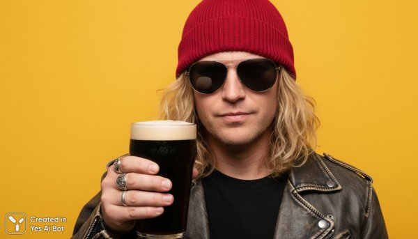 Стильный фотограф с темным пивом и ярким фоном. Картинка из нейронной сети Нано Банана