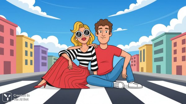 Любовь под голубым небом: мультяшный взгляд на пару. Картинка из нейросети Nano-Banana