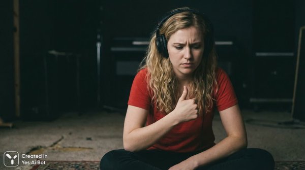 Молодая женщина в красной футболке задумалась на природе с наушниками. Нейронная сеть NanoBanana