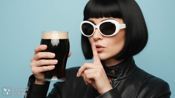 Стильная женщина с темным пивом и загадочным взглядом. Генерация из нейросети Nano-Banana