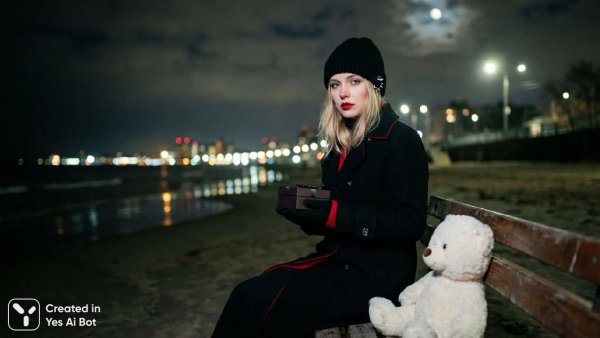 Ночная тайна: Городская пляжная элегия в красном и черном. Нейронная сеть Nano-Banana