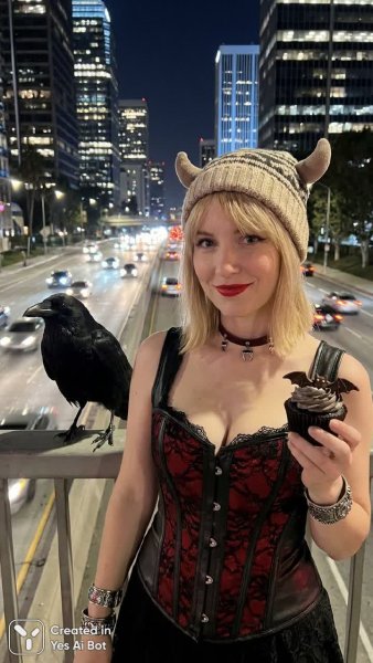 Ночная сказка: ведьма и черный ворон в городе грез. Генерация из нейросети NanoBanana