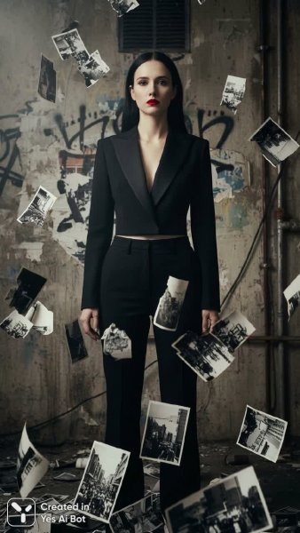 Женщина в черном и красные губы на фоне городских развалин. Генерация из нейронной сети Nano Banana