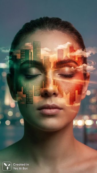 Градиентный портрет с городским пейзажем и сюрреалистичным настроением. Картинка из нейросети NanoBanana