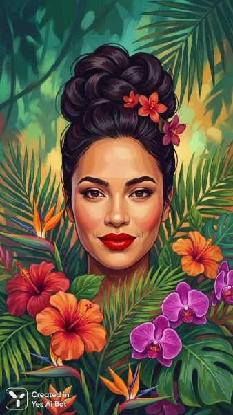 Экзотический портрет с яркими красками тропиков. Картинка из нейронной сети Nano-Banana