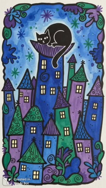 Ночная городская сказка с котом на крыше. Генерация из нейросети Nano-Banana