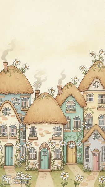 Нежные домики и ромашки: наивное искусство в пастельных тонах. Картинка из нейронной сети NanoBanana