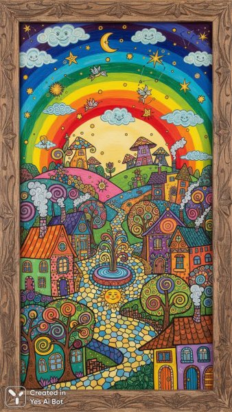 Фантастическая деревня: волшебный мир наивного искусства и фольклорных мотивов. Изображение из нейронной сети Nano Banana