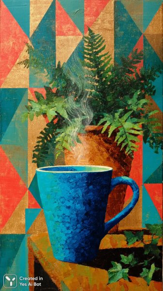 Яркий интерьер с кофе и растениями в абстрактном стиле. Нейросеть Миджорни