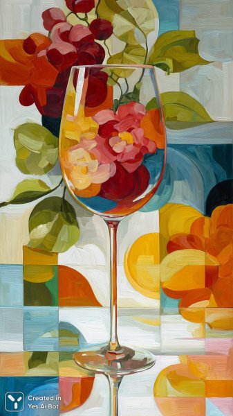 Яркий букет в абстрактном стиле с красным вином. Картинка из нейронной сети Midjourney