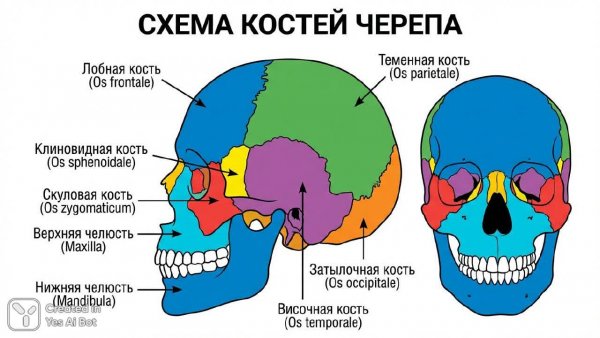 Анатомия черепа: русско-латинская инфографика для студентов. Картинка из нейросети NanoBanana