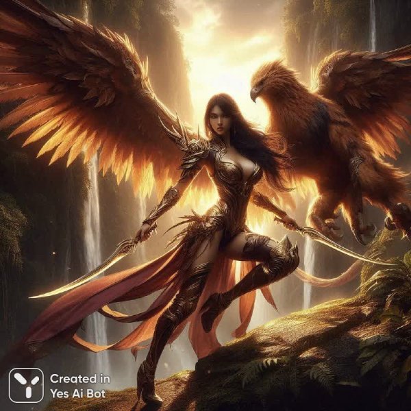 Воительница и Мантикор: Эпическая Фантазия в Тропическом Раю с Гиперреализмом и Кинематографическим Светом. Картинка из нейросети Dalle-3