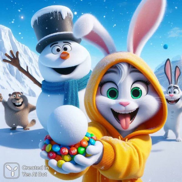 Белый кролик и снежный мэнс в ярких цветах. Картинка из нейронной сети Dalle