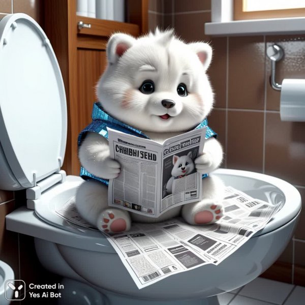 Милый пухлый зверек читает газету в туалете. Изображение из нейронной сети Stable Diffusion