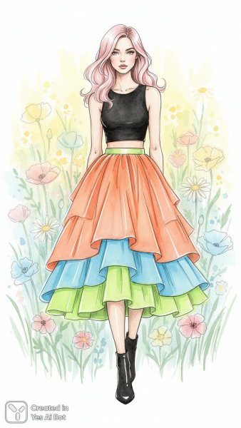 Неоновый шик: мода, цветы и яркие краски в летнем пейзаже. Картинка из нейросети Нано Банана