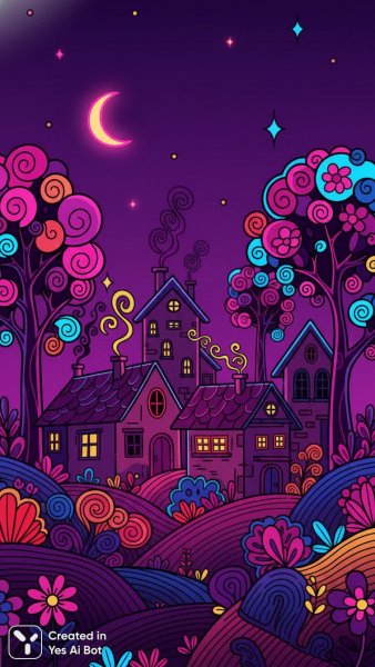 Сказочные домики под фиолетовым небом ночной иллюстрации. Изображение из нейронной сети NanoBanana