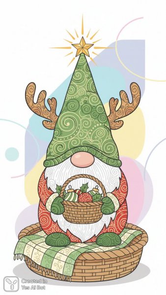 Рождественский гном с зеленым колпаком и оленьими рогами в плетеной корзине. Изображение из нейросети NanoBanana