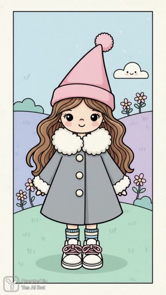 Кукла в вязаной шапке и пальто: милая иллюстрация в технике гоше. Генерация из нейросети Нано Банана