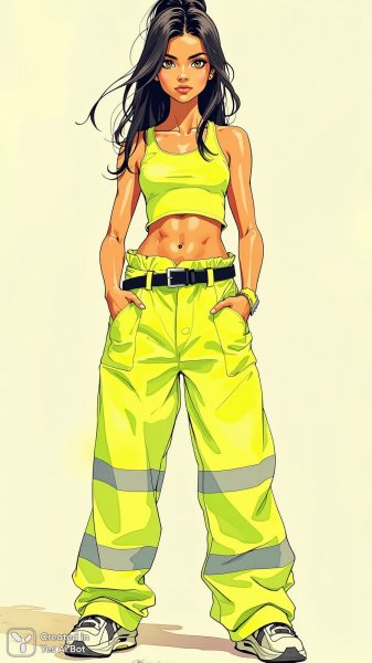 Яркий образ: мода в неоновых тонах и уверенный взгляд модели. Изображение из нейронной сети Flux 1