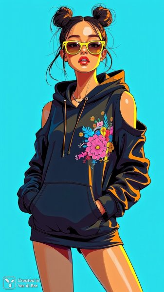 Модный силуэт в неоновых тонах и черном худи с графикой. Генерация из нейронной сети Flux 1