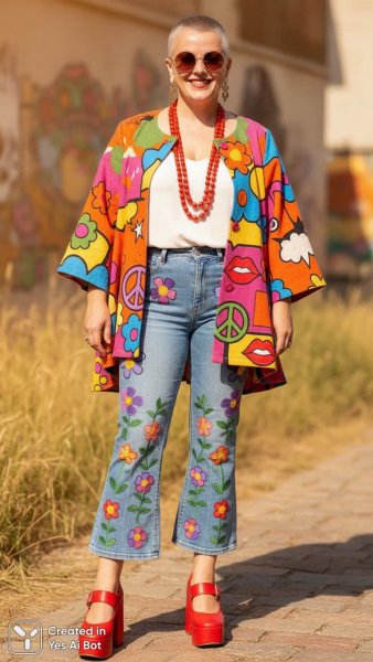 Хиппи-стиль семидесятых: яркий образ и цветочные мотивы. Изображение из нейронной сети Нано Банана
