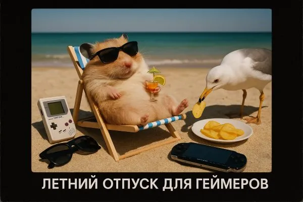 Летний отдых геймера: ленивый хомяк на пляже с коктейлем и играми. Генерация из нейронной сети Sora