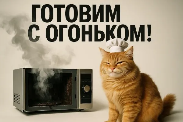 Коварный кулинар и микроволновка апокалипсис: забавная катастрофа на кухне. Изображение из нейронной сети Sora Ai Images