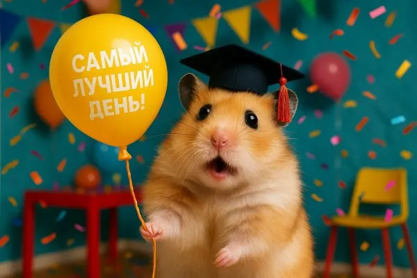 Милый хомяк отмечает выпускной в праздничной атмосфере. Картинка из нейросети Sora Ai Images