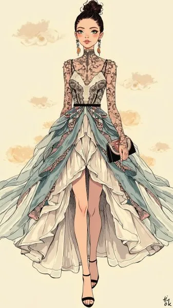Модный образ: вдохновение McQueen и van Herpen в наивном искусстве. Нейросеть Flux.1