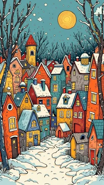 Очаровательный зимний городок в стиле наивного искусства и Zentangle. Генерация из нейронной сети Flux.1