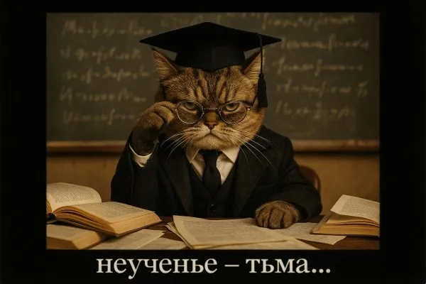 Грустный профессор кот и неученый мрак на старой пленке. Картинка из нейросети Sora Image