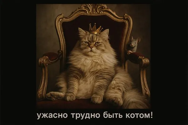Королевские будни ленивого кота с мышонком-хулиганом. Генерация из нейросети Sora Images
