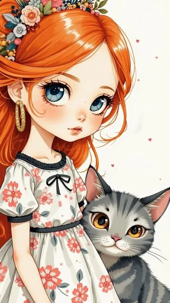 Кукла с кошкой: наивное искусство в деталях нежного портрета. Изображение из нейронной сети Flux.1