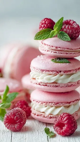 Нежные макароны с малиной и мятой в деталях крупным планом. Изображение из нейросети Midjourney