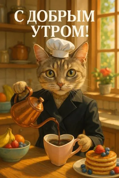 Утренний котик: волшебство вкуса и солнечного света в уютной кухне. Нейронная сеть Sora Image