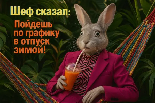 Запутанный кролик в гамаке с зимними планами и сочным морковным коктейлем среди тропиков. Картинка из нейросети Sora images Ai