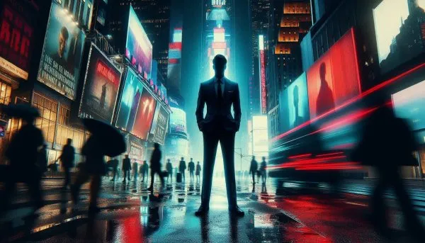 Загадочная фигура в сердце Таймс-сквер под дождем и неоном. Нейронная сеть Dalle 3
