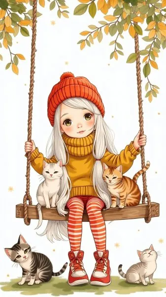 Девочка на качелях и игривые котята в белоснежном окружении. Картинка из нейросети Flux Ai