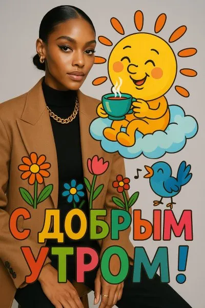 Утреннее солнце с чашкой чая и цветами: яркая иллюстрация хорошего настроения. Генерация из нейросети Sora Image