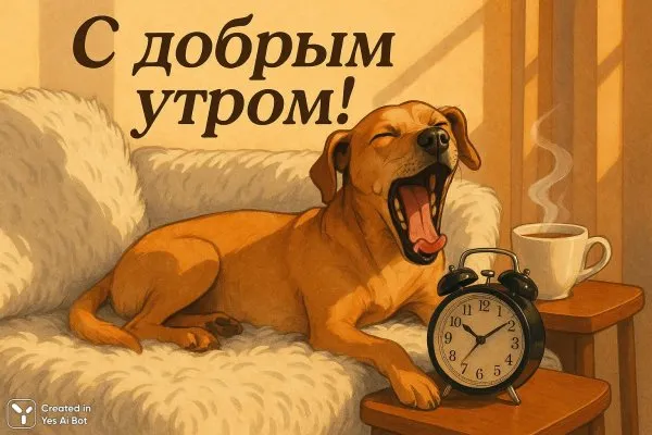 Утро с сонной собакой и чашкой кофе. Нейронная сеть Sora Images