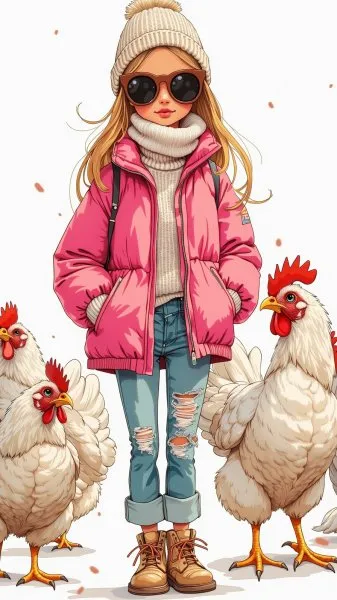 Модная кукла в розовом пальто и вязаные цыплята на белом фоне. Изображение из нейросети Flux.1