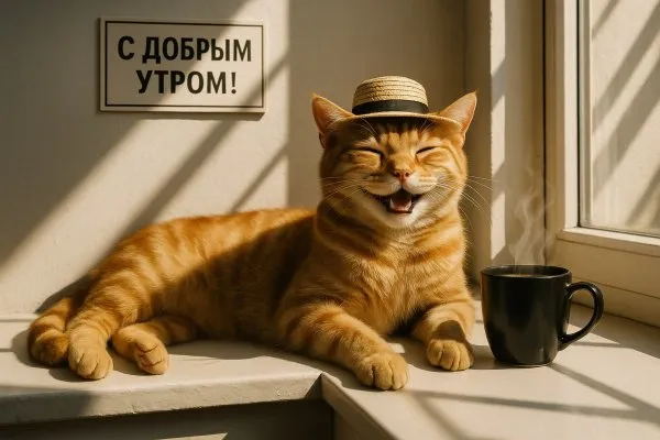 Утреннее кошачье наслаждение солнечным теплом и кофе. Генерация из нейронной сети Sora Ai Images