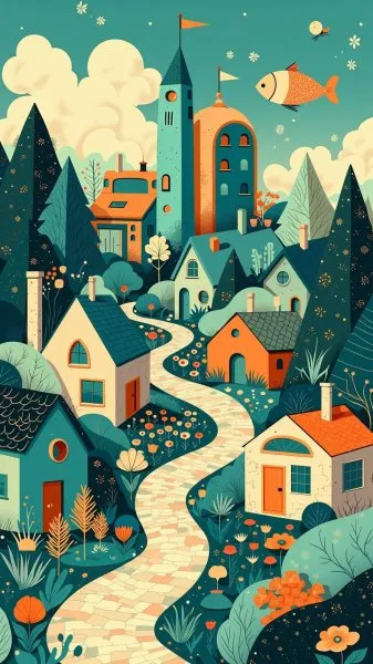 Очаровательная деревня: наивное искусство в оттенках синего и зеленого. Изображение из нейронной сети Flux