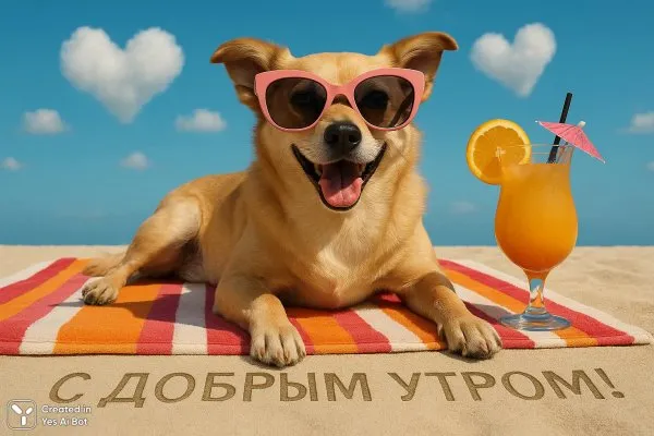 Собачий релакс на пляже: тропики, солнце и сердечные облака. Картинка из нейронной сети Sora