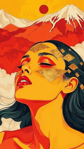 Золотой макияж на фоне гор: красота и градиент цветов. Нейронная сеть Flux